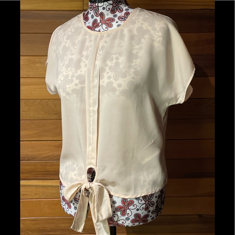 Vero Moda Cream Sheer Pleat Front Tie Hem Short Sleeve Blouse Top Size S